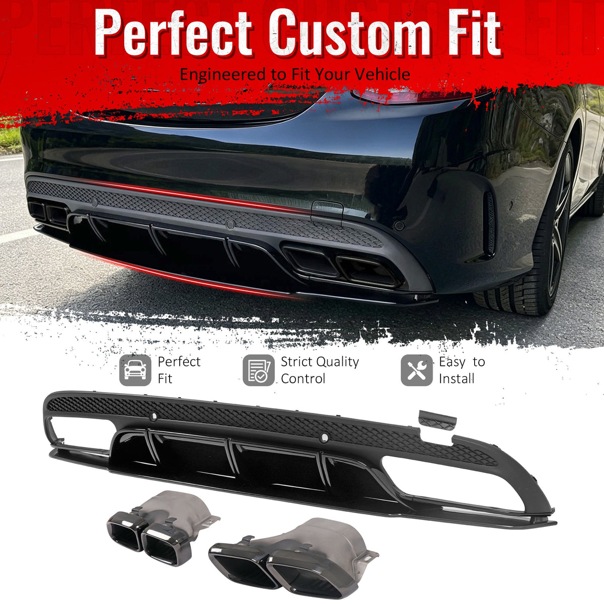 2015-2021 Benz C-Class W205 C63 Edition1 Style Black Rear Diffuser PP + Exhaust Tips