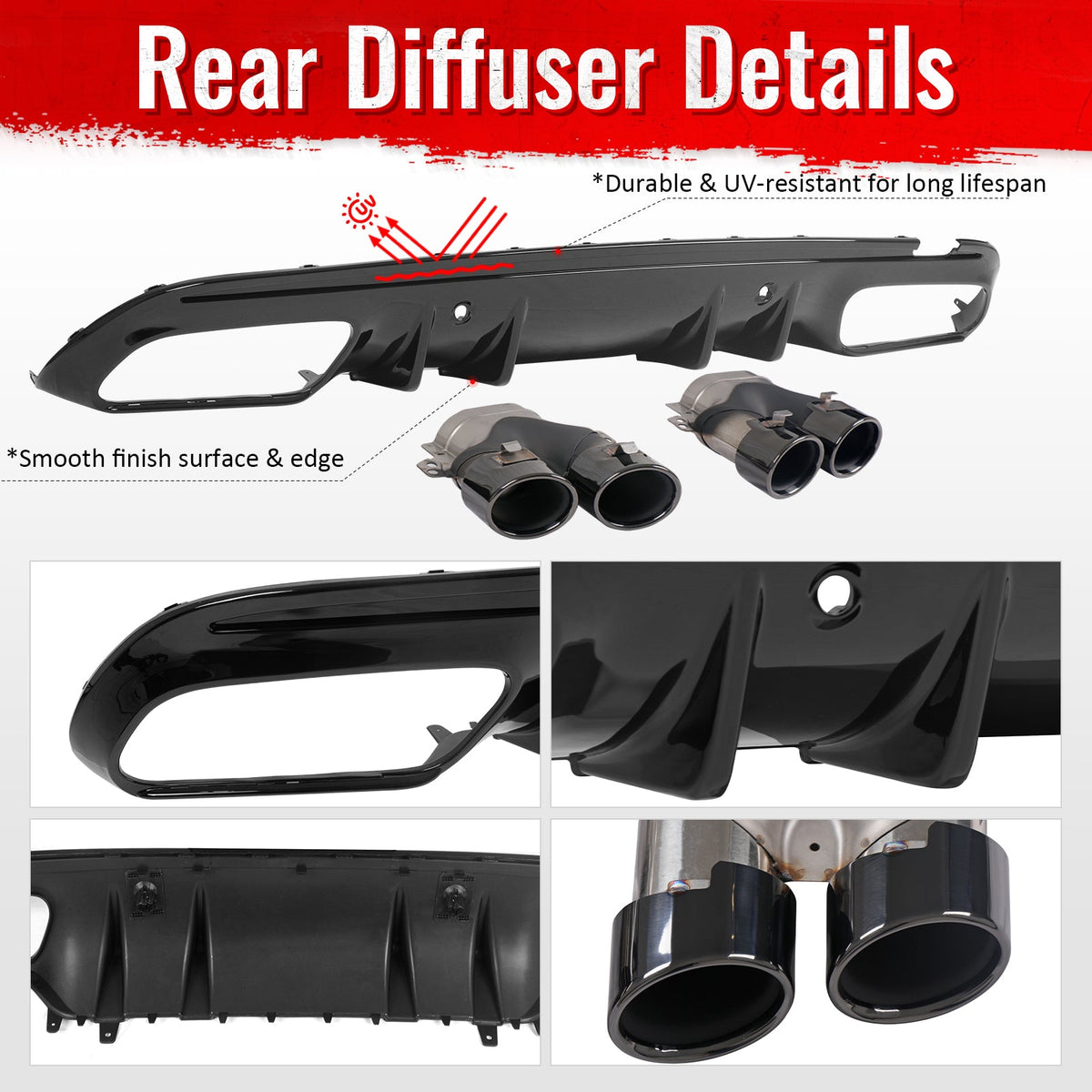 2015-2021 Benz C-Class W205 2019 Facelift C43 Style Gloss Black Rear Diffuser PP + Exhaust Tips