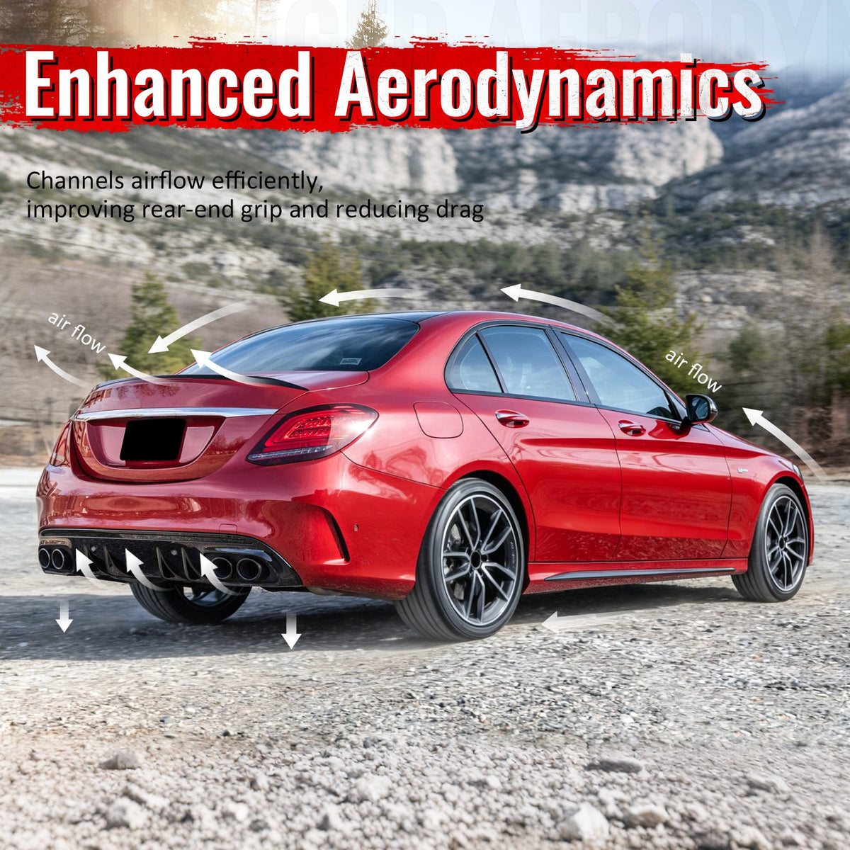 2015-2021 Benz C-Class W205 2019 Facelift C43 Style Gloss Black Rear Diffuser PP + Exhaust Tips