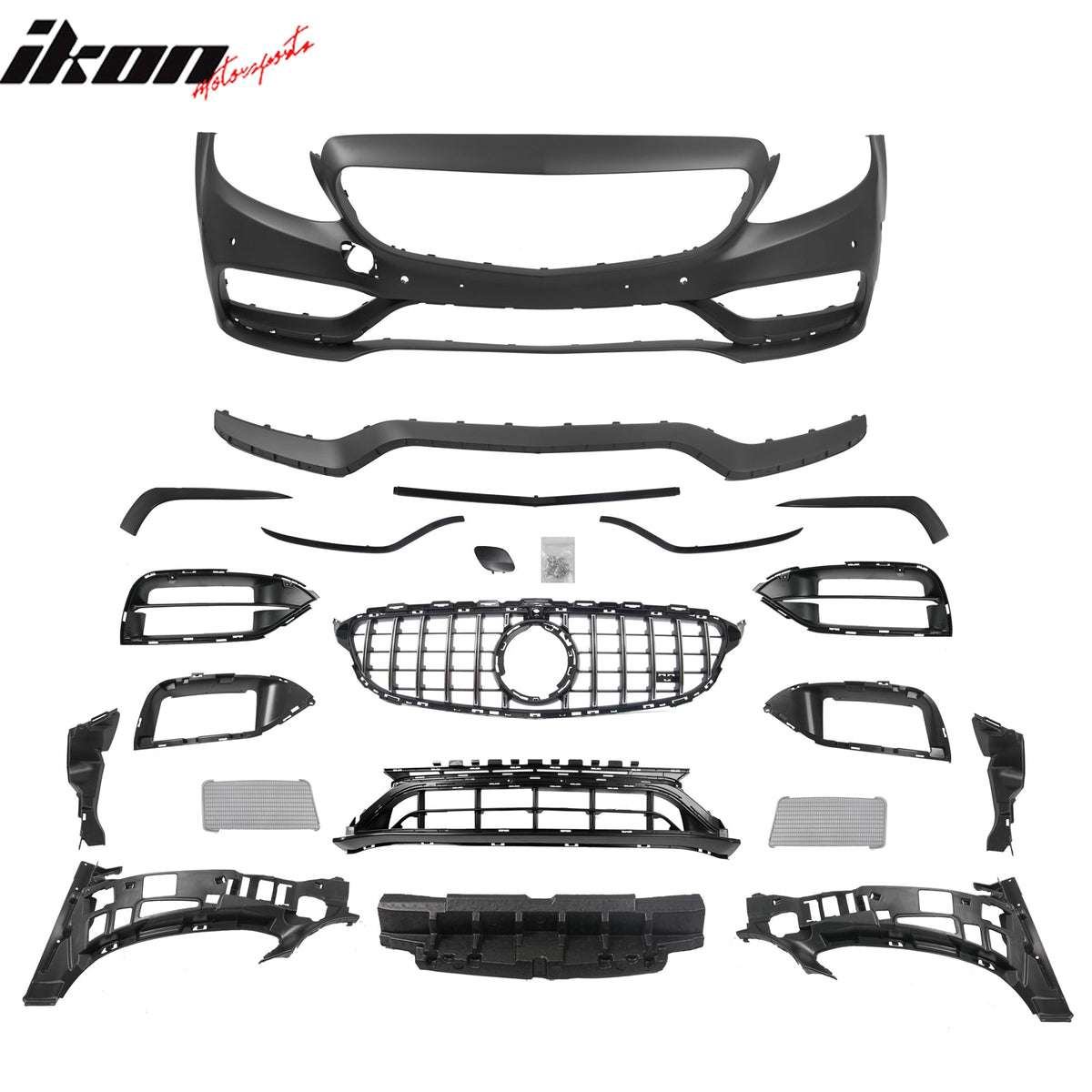 2015–2021 Benz C-Class W205 2019+ C63 Style PP Front Bumper Cover W/ Chrome Grille