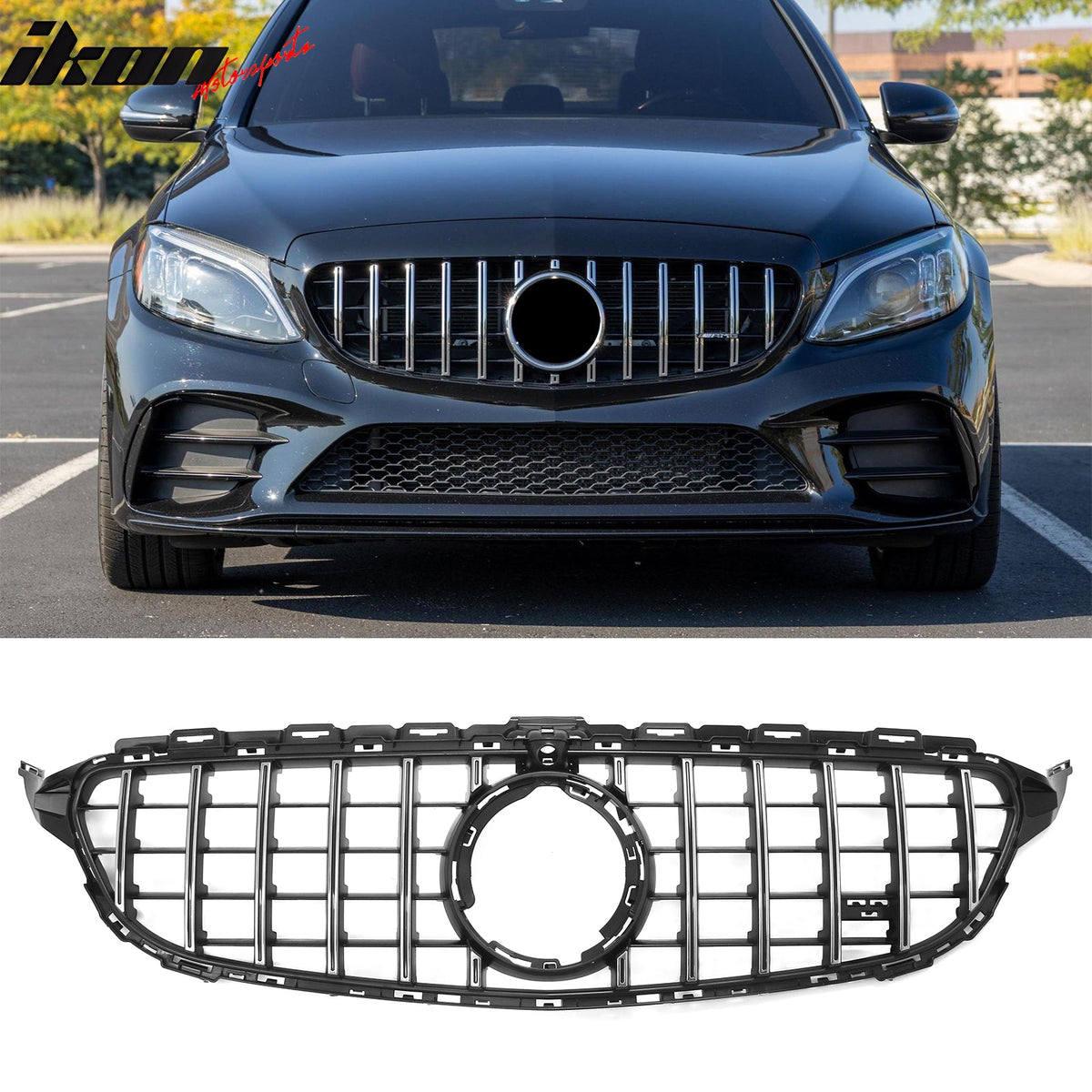 2015–2021 Benz C-Class W205 2019+ C63 Style PP Front Bumper Cover W/ Chrome Grille