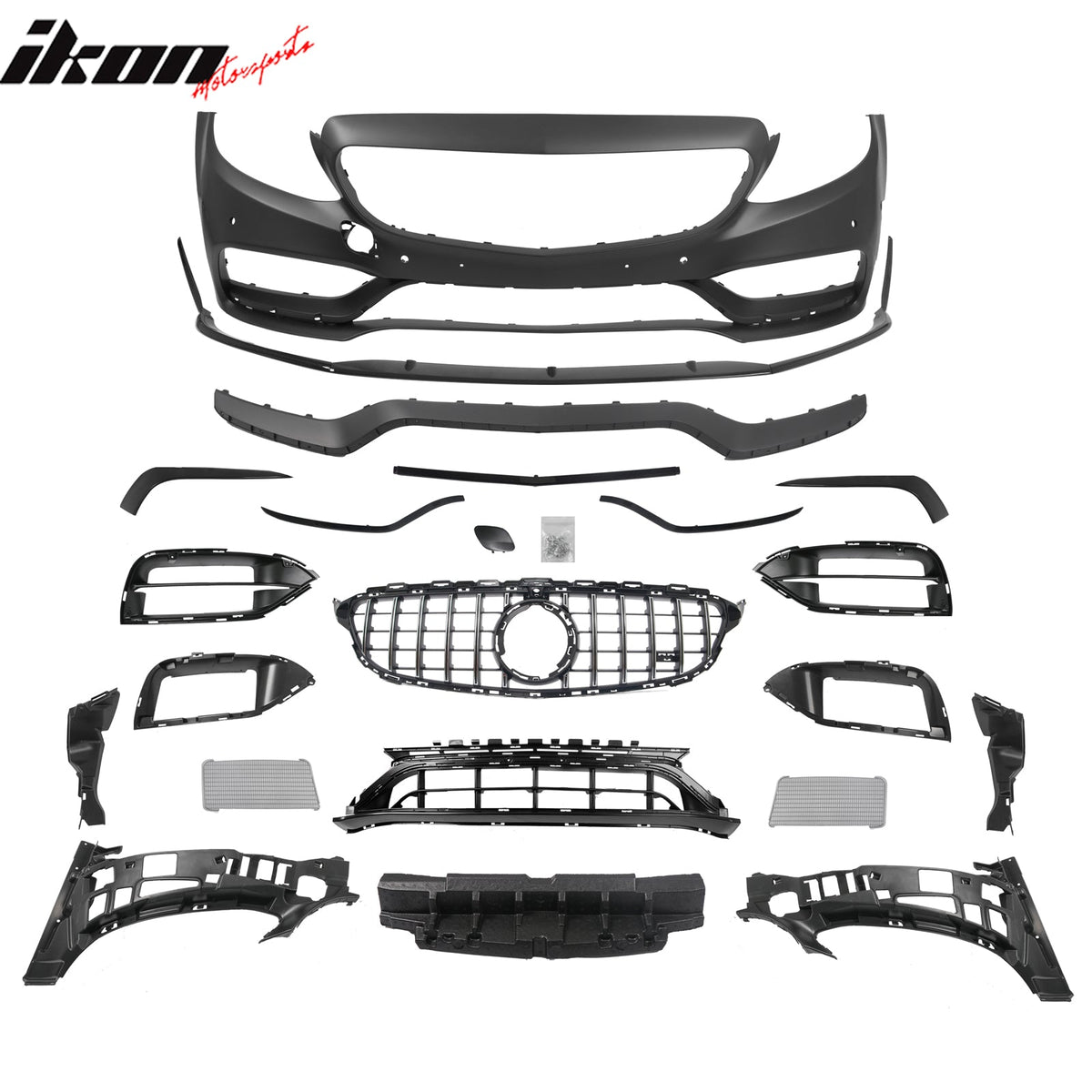 2015–2021 Benz C-Class W205 2019+ C63 Style Front Bumper Cover + Chrome Grille + Lip