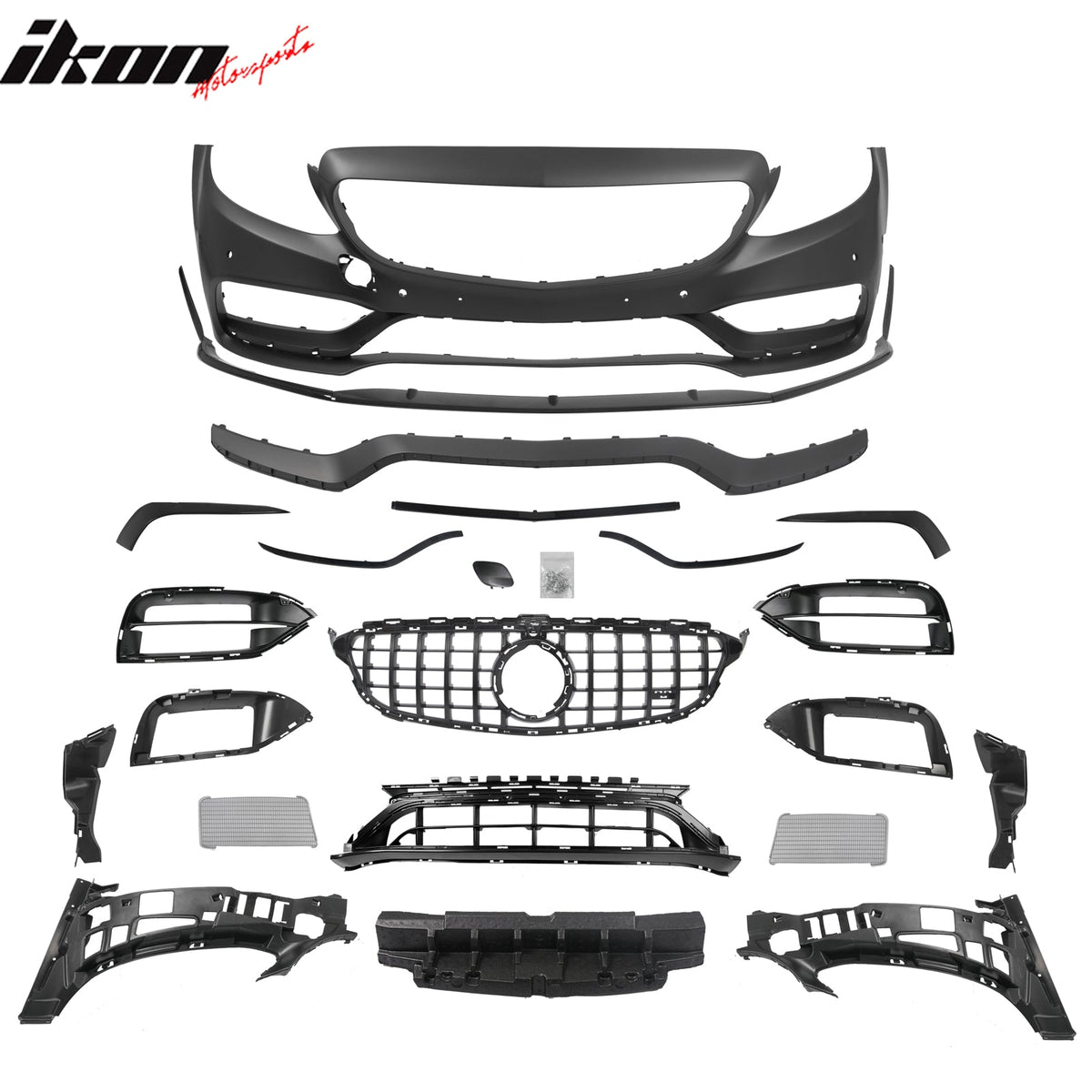 2015–2021 Benz C-Class W205 2019+ C63 Style Front Bumper Cover + Gloss Black Grille + Lip