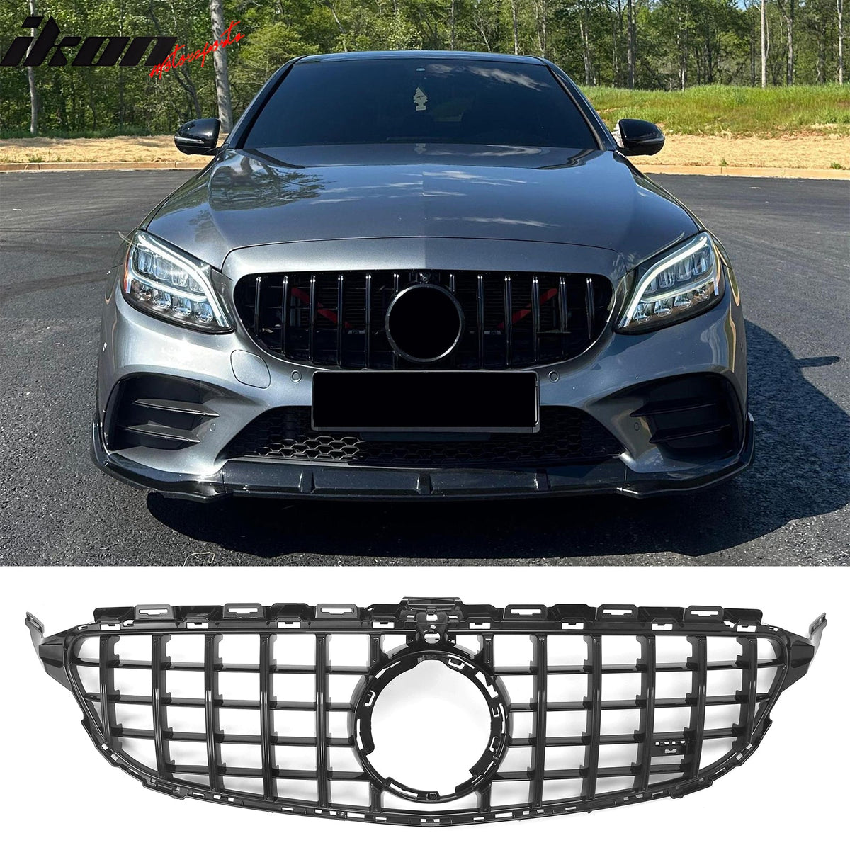 2015–2021 Benz C-Class W205 2019+ C63 Style Front Bumper Cover + Gloss Black Grille + Lip