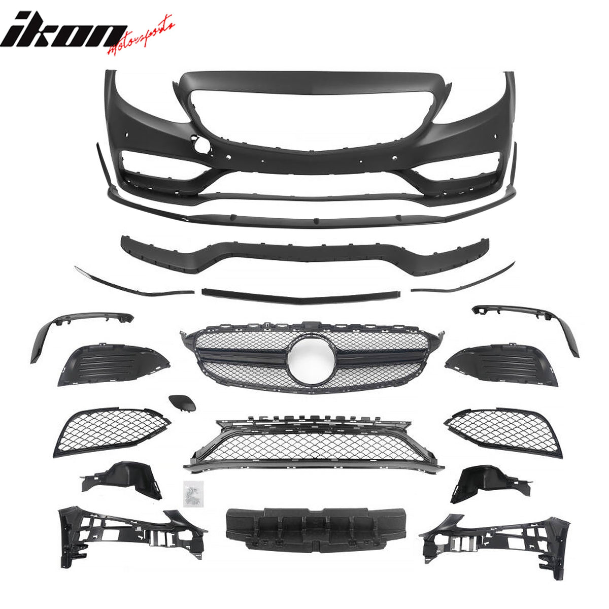 2015–2021 Benz C-Class W205 C63 Style PP Front Bumper Cover W/ Gloss Black Grille + Lip