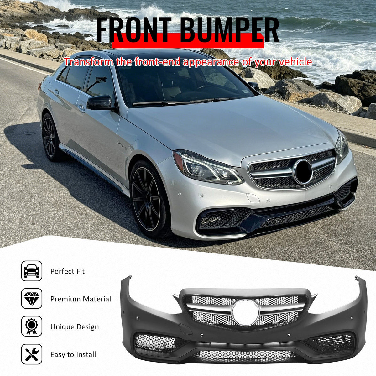 2014-2016 Mercedes-Benz E-Class W212 Sedan Front Bumper Cover Conversion Replacement W/Upper Grille W/Silver Bar E63 Style PP ABS
