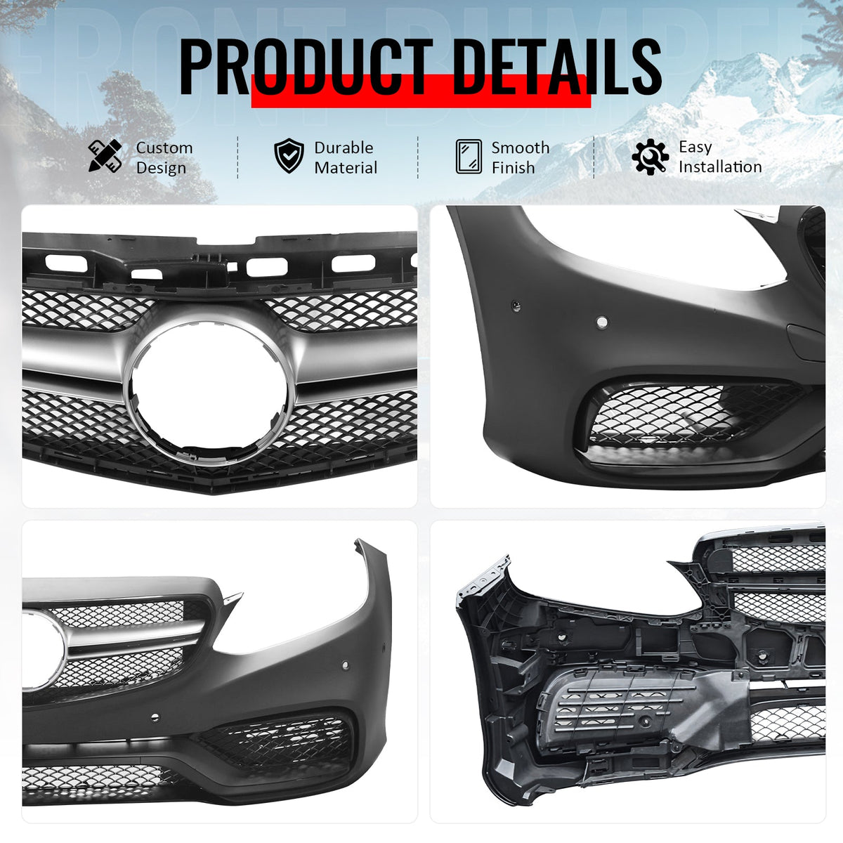 2014-2016 Mercedes-Benz E-Class W212 Sedan Front Bumper Cover Conversion Replacement W/Upper Grille W/Silver Bar E63 Style PP ABS