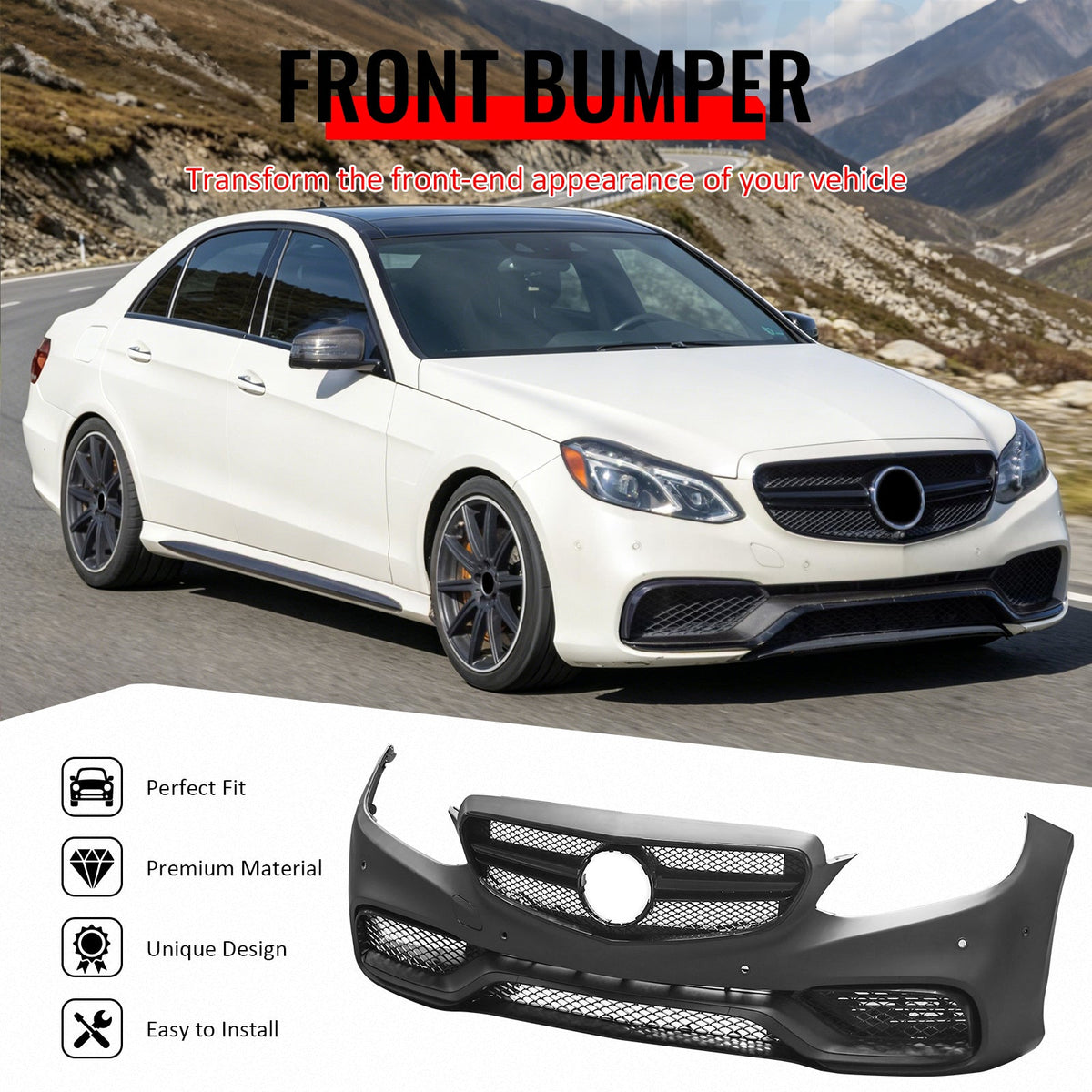 2014-2016 Mercedes-Benz E-Class W212 Sedan Front Bumper Cover Conversion Replacement W/Upper Grille W/Gloss Bar E63 Style PP ABS