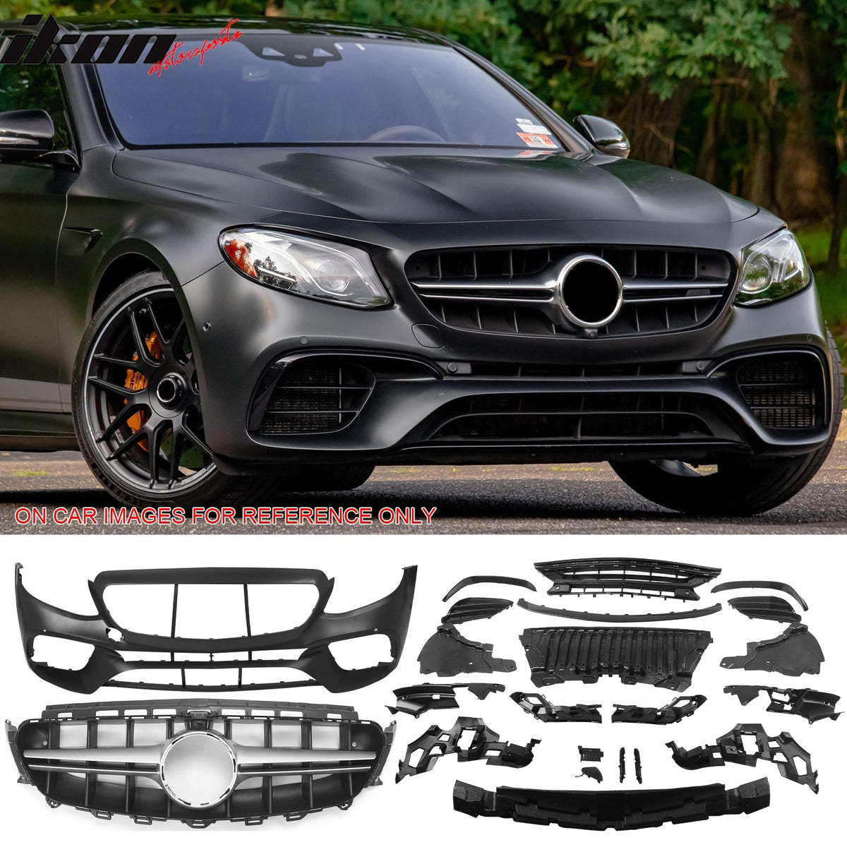 2017-2020 Mercedes-Benz E-Class W213 Front Bumper Cover Conversion Replacement W/Upper Grille W/Silver Trim E63 Style Unpainted Black PP ABS