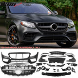 2017-2020 Mercedes-Benz E-Class W213 Front Bumper Cover Conversion Replacement W/Upper Grille W/Silver Trim E63 Style Unpainted Black PP ABS