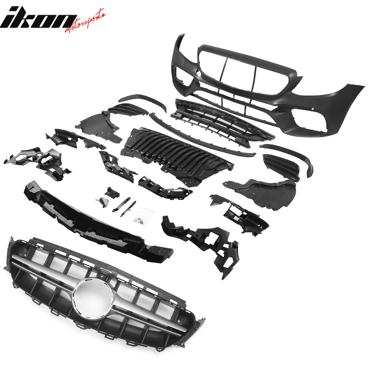 2017-2020 Mercedes-Benz E-Class W213 Front Bumper Cover Conversion Replacement W/Upper Grille W/Silver Trim E63 Style Unpainted Black PP ABS