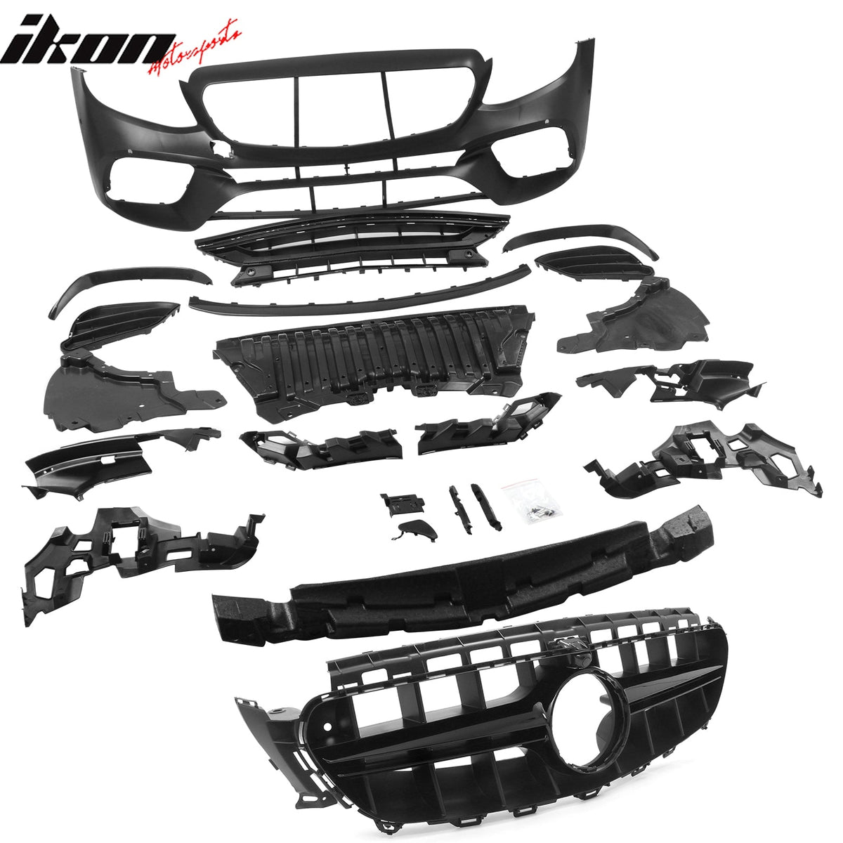 2017-2020 Mercedes-Benz E-Class W213 Front Bumper Cover Conversion Replacement W/Upper Grille W/Gloss Trim E63 Style Unpainted Black PP ABS