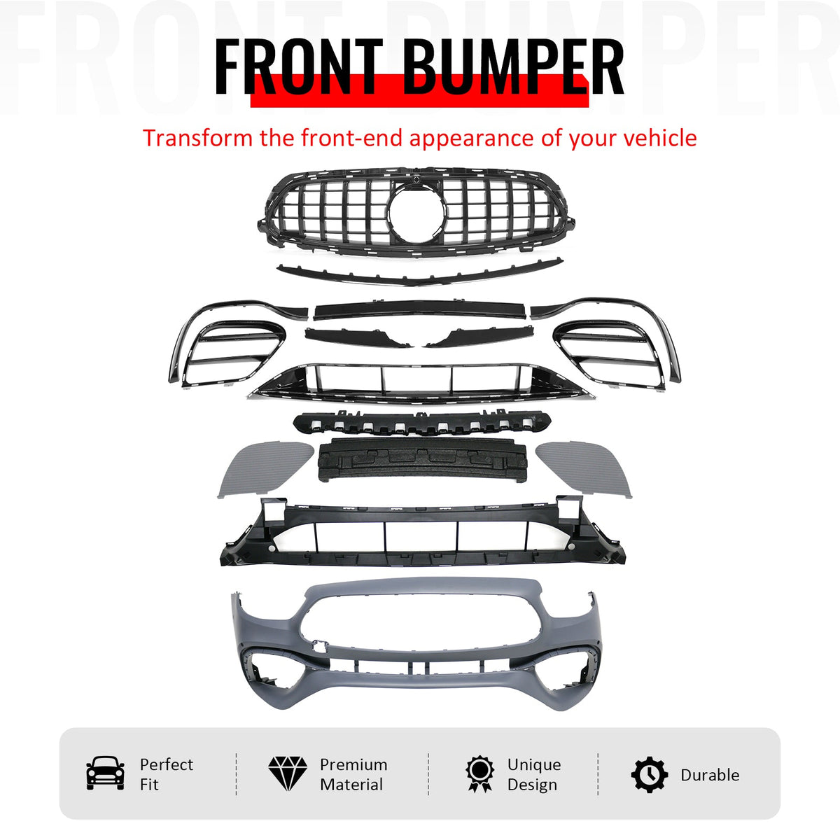 2021–2023 Benz E-Class W213 E63 Style PP Front Bumper Cover W/ Gloss Black Grille
