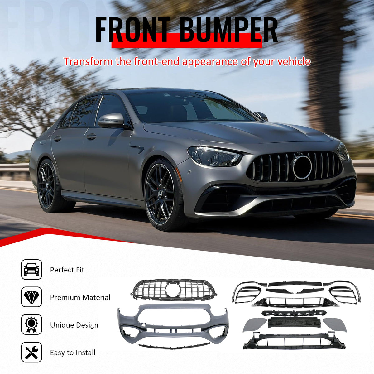 2021–2023 Benz E-Class W213 E63 Style PP Front Bumper Cover W/ Chrome Trim Grille
