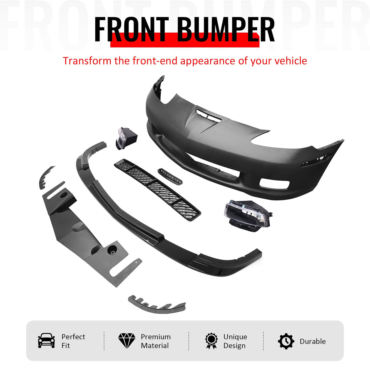 2005-2013 Corvette Base C6 Z06 Style PP Front Bumper Cover + Foglights + Gloss Black Front Lip
