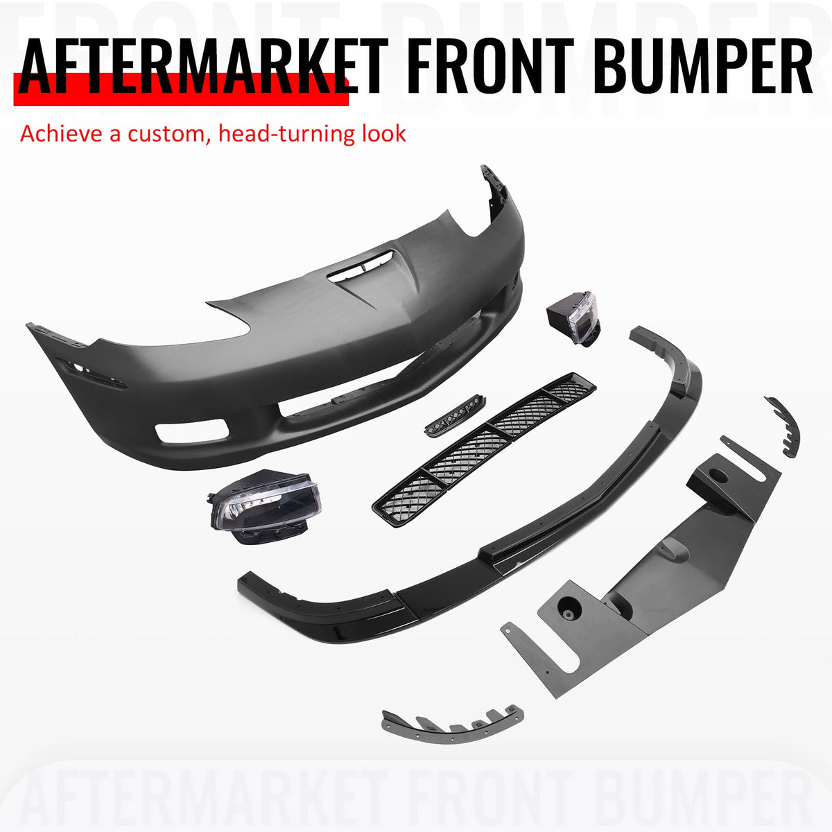 2005-2013 Corvette Base C6 Z06 Style PP Front Bumper Cover + Foglights + Gloss Black Front Lip