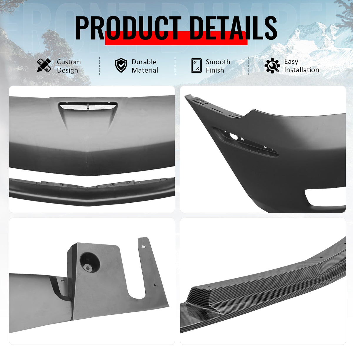 2005-2013 Corvette Base C6 Z06 Style PP Front Bumper Cover + Foglights + Carbon Fiber Print Front Lip
