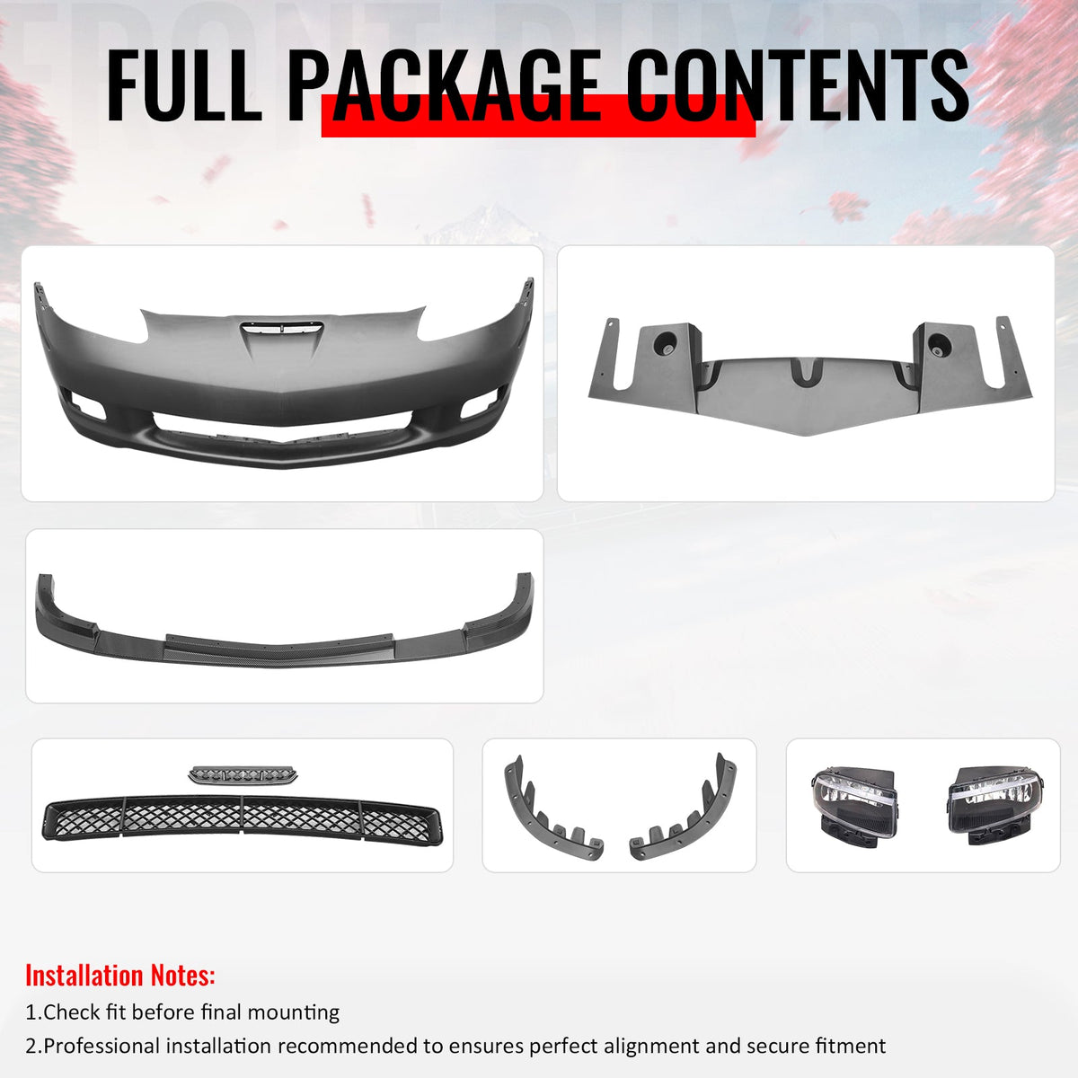 2005-2013 Corvette Base C6 Z06 Style PP Front Bumper Cover + Foglights + Carbon Fiber Print Front Lip