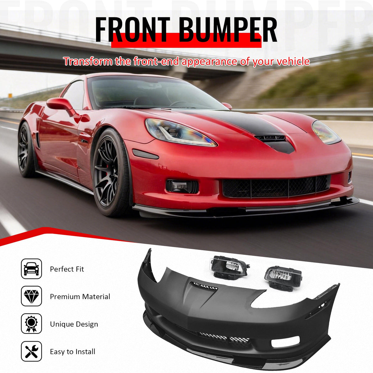 2006-2013 Chevy Corvette C6 Z06 Style Front Bumper Cover + Foglights + Gloss Black Lip