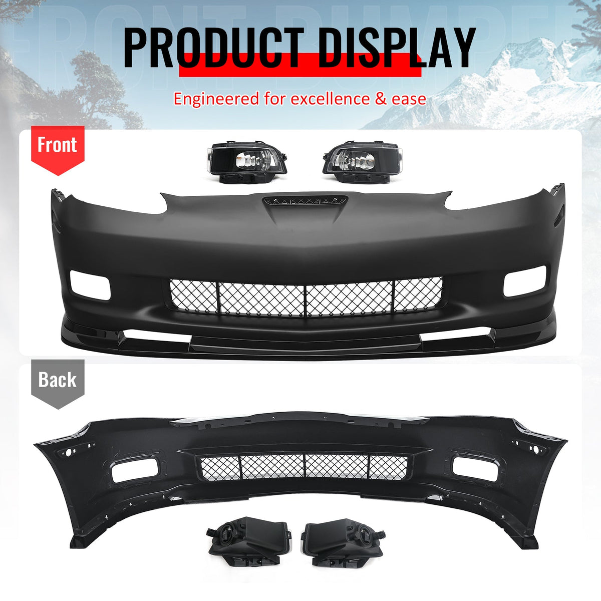 2006-2013 Chevy Corvette C6 Z06 Style Front Bumper Cover + Foglights + Gloss Black Lip