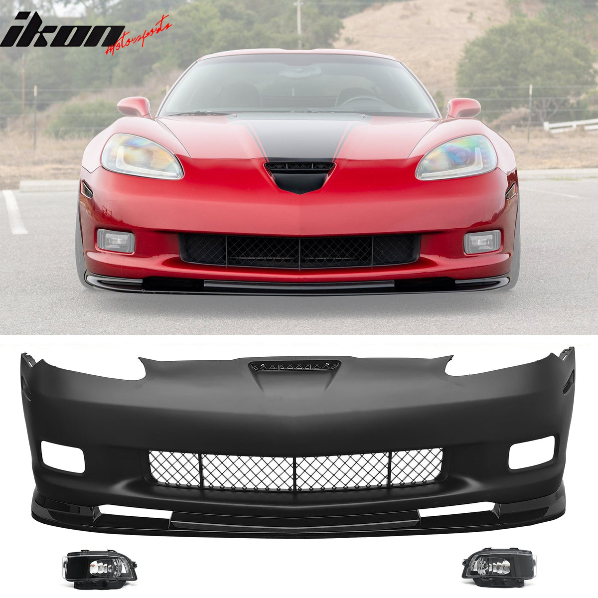 2006-2013 Chevy Corvette C6 Z06 Style Front Bumper Cover + Foglights + Gloss Black Lip