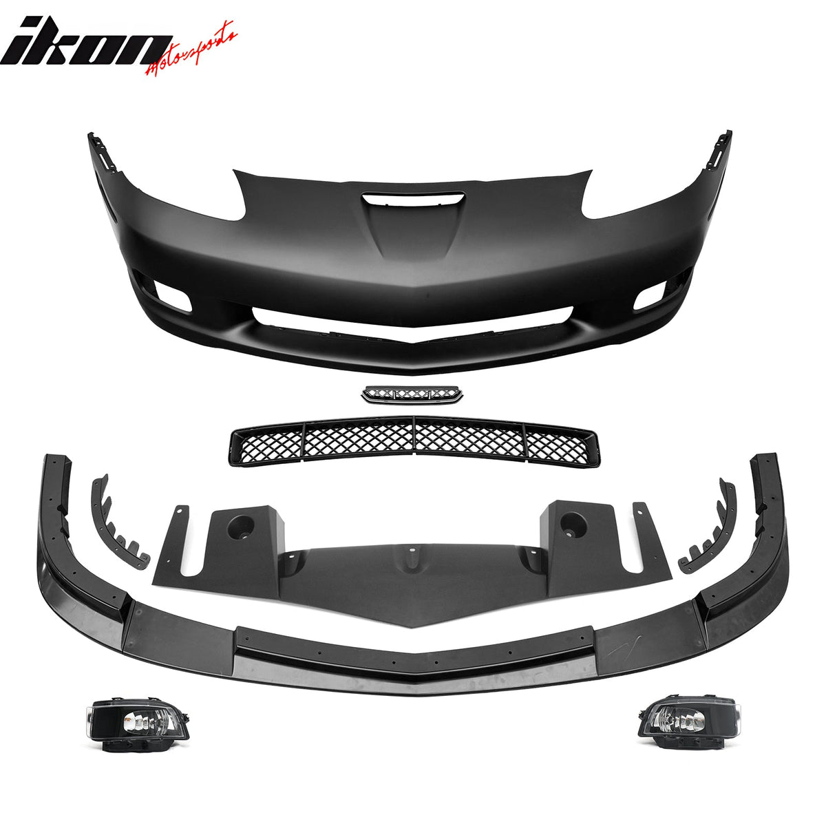 2006-2013 Chevy Corvette C6 Z06 Style Front Bumper Cover + Foglights + Gloss Black Lip