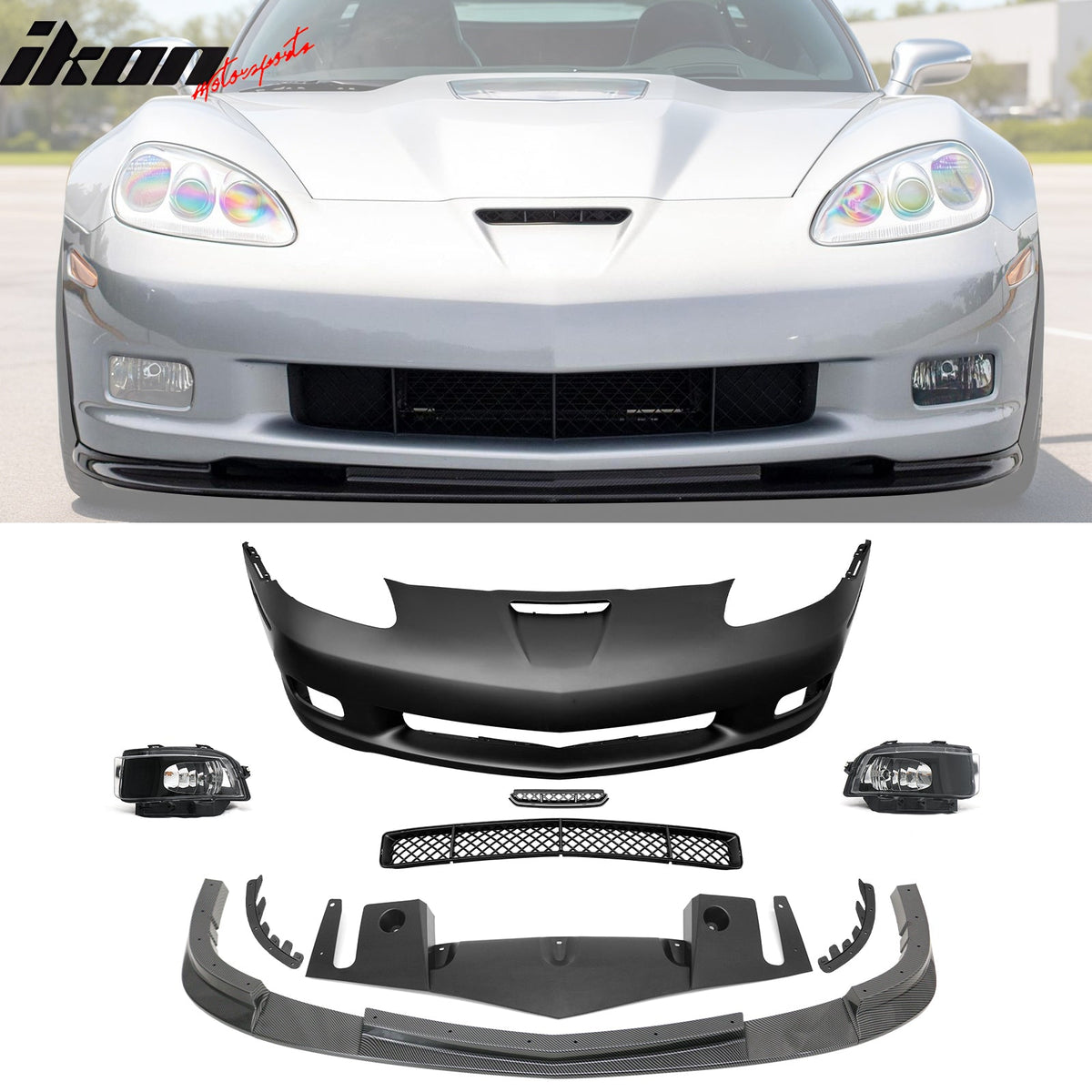 2006-2013 Chevy Corvette C6 Z06 Style Front Bumper Cover + Foglights + Carbon Fiber Print Lip