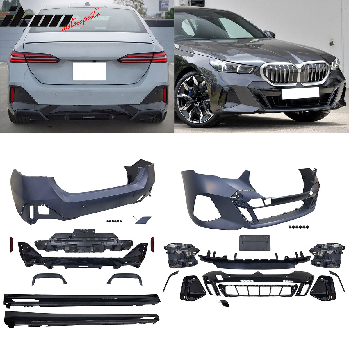 2024-2026 BMW G60 5-Series 530 540 550 Sedan M Sport Style Front & Rear Bumper Cover Conversion Assembly Replacement + MP Rocker Panel Unpainted PP