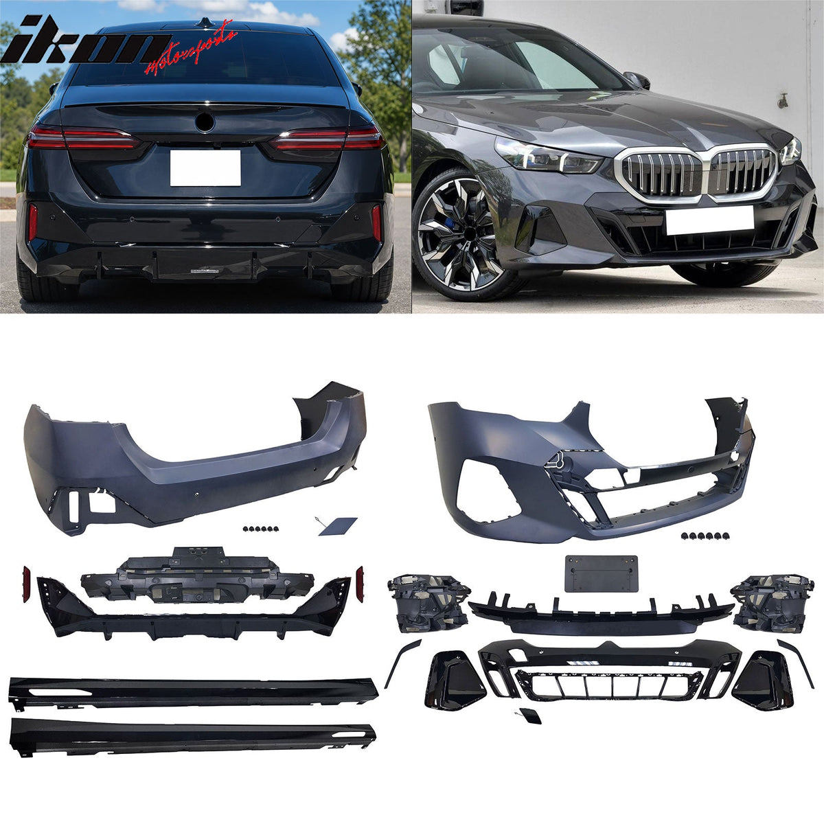 2024-2026 BMW G60 5-Series Sedan M Sport Style Front & M60 Rear Bumper Cover Conversion Assembly Replacement + MP Rocker Panel Unpainted PP