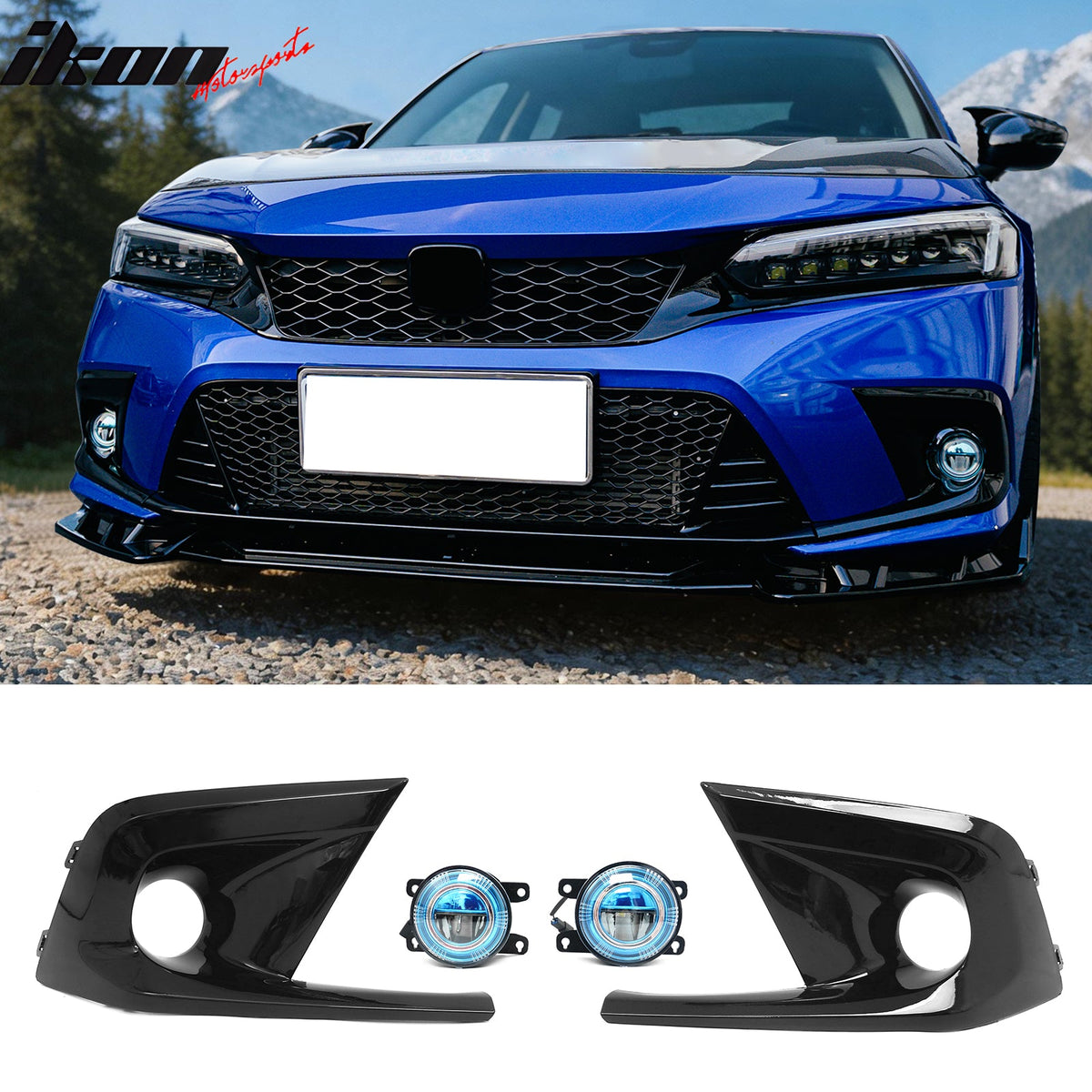 2022-2024 Honda Civic Round Holes Fog Light Bezel w/ JDM Foglights Blue Len White LED Lamps