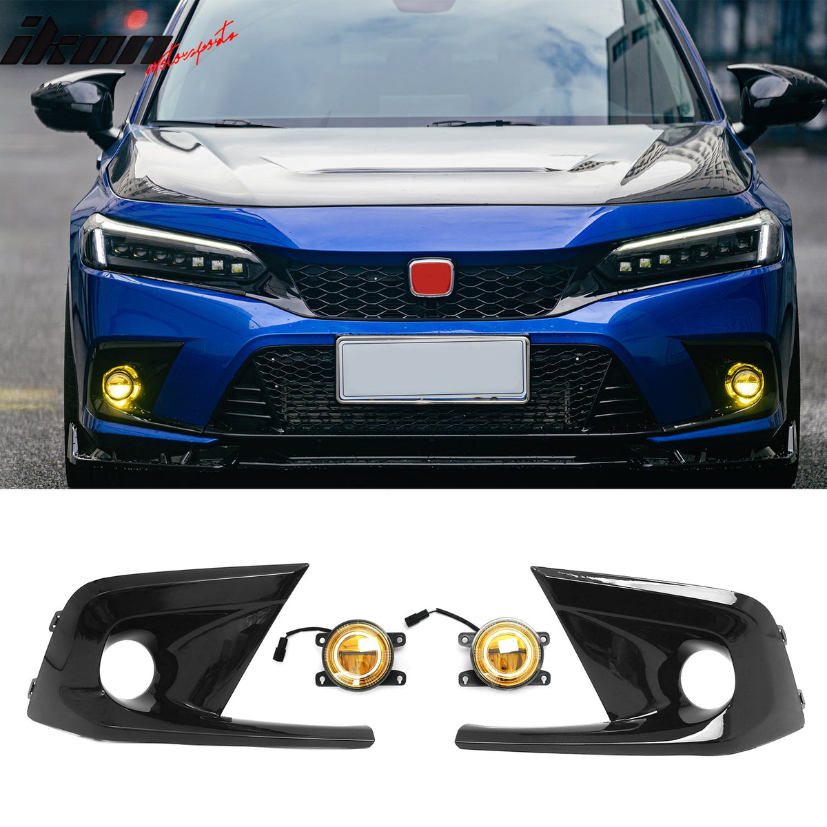 2022-2024 Honda Civic Round Holes Fog Light Bezel w/ JDM Foglights Yellow Len LED Lamps