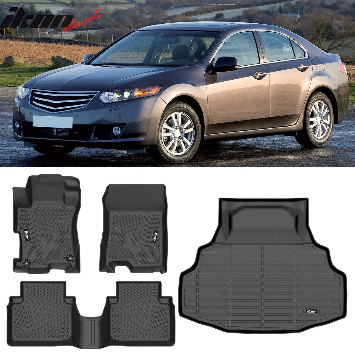 2008-2012 Honda Accord Sedan 3D TPE All Weather Heavy Duty Waterproof Anti-Slip Interior Cargo Liner Carpets Floor Mats + Rear Trunk Mat IKON Style