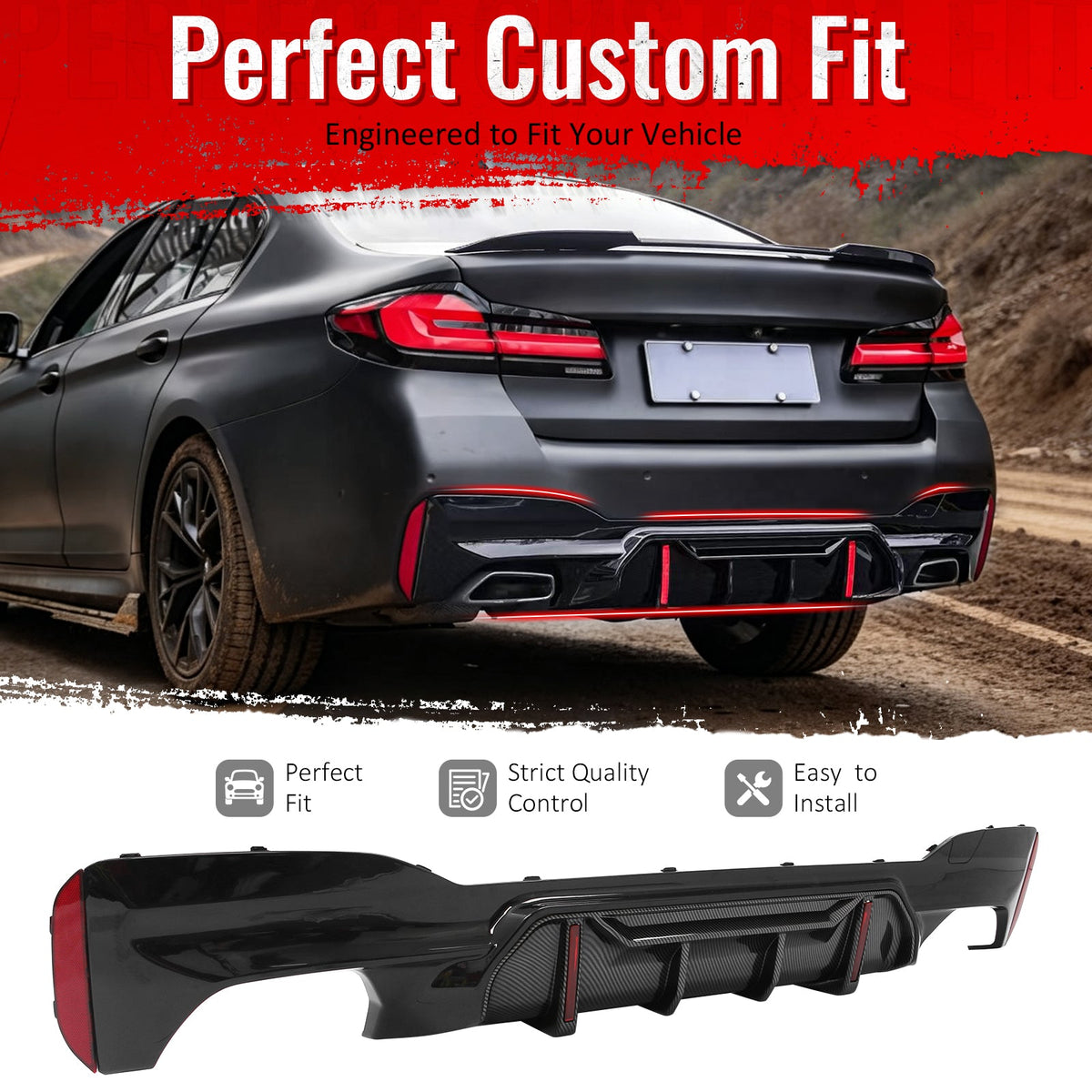 2017-2020 BMW 5 Series G30 M Sport IKON Style PP Rear Bumper Diffuser CF Look Fin w/ LED & Quad Exhaust