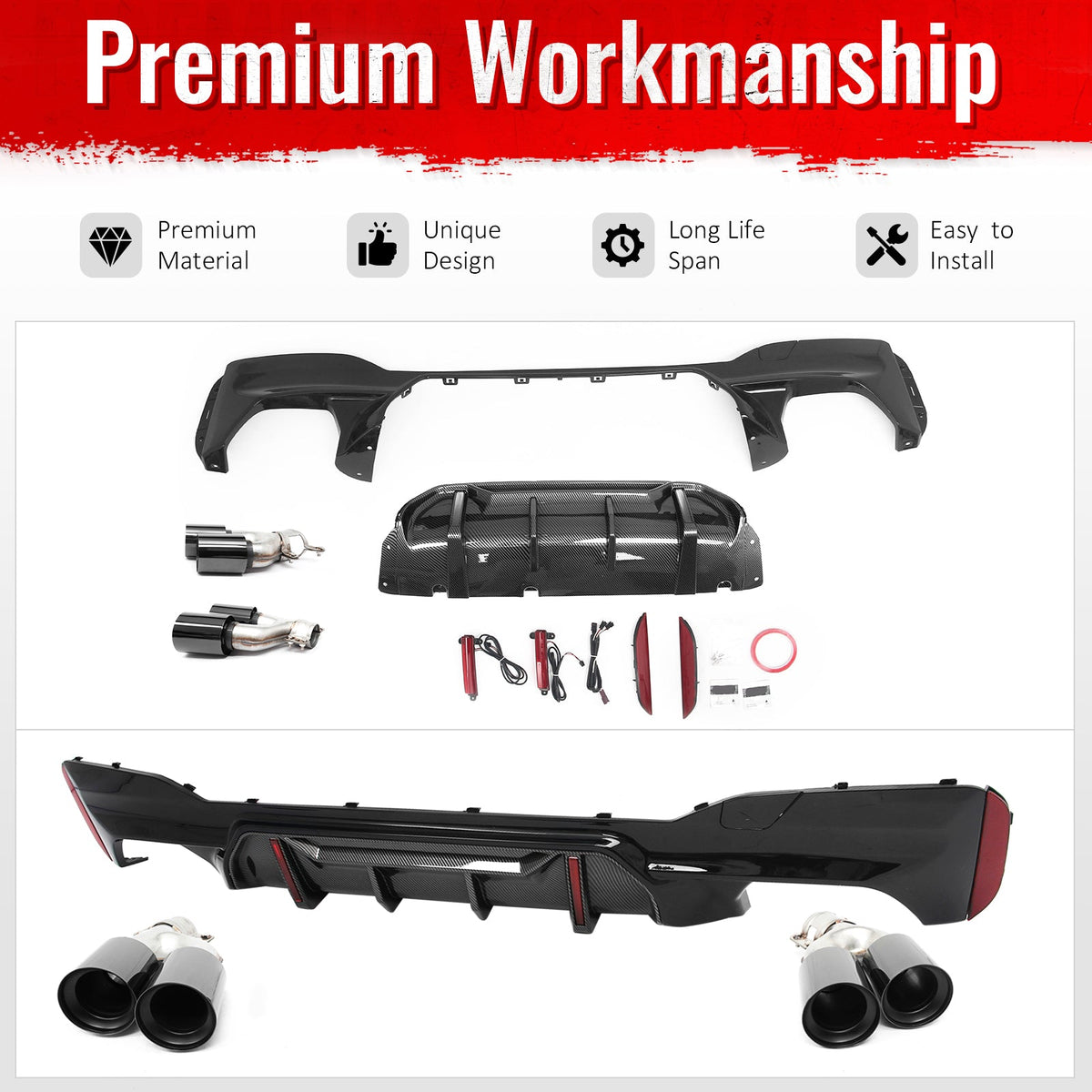 2017-2020 BMW 5 Series G30 M Sport IKON Style PP Rear Bumper Diffuser CF Look Fin w/ LED & Quad Exhaust