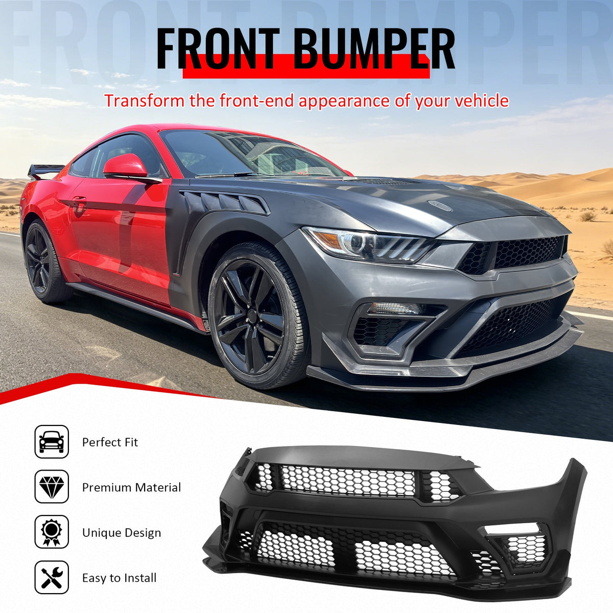2015-2017 Ford Mustang GTD Style Front Bumper Conversion Kit PP + ABS Grilles + Front Lip