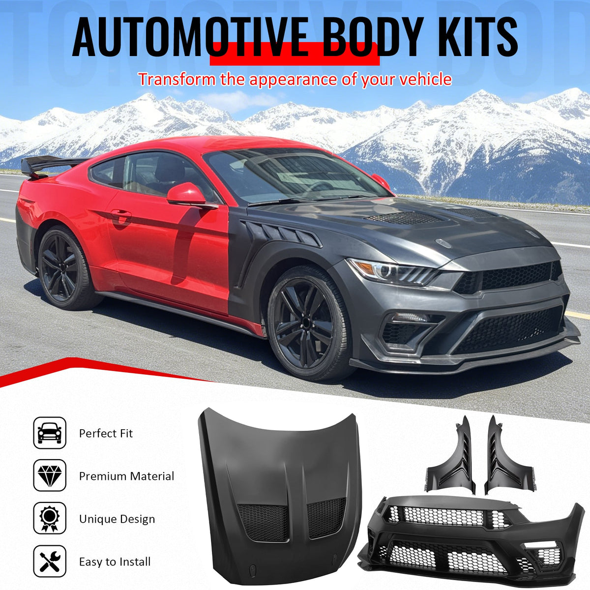 2015-2017 Ford Mustang GTD Style Front Bumper Cover Kit PP + Aluminum Fenders + Hood