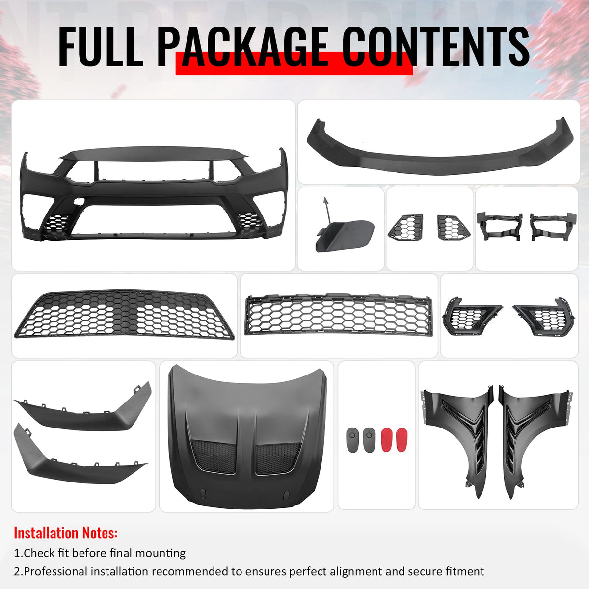 2015-2017 Ford Mustang GTD Style Front Bumper Cover Kit PP + Aluminum Fenders + Hood