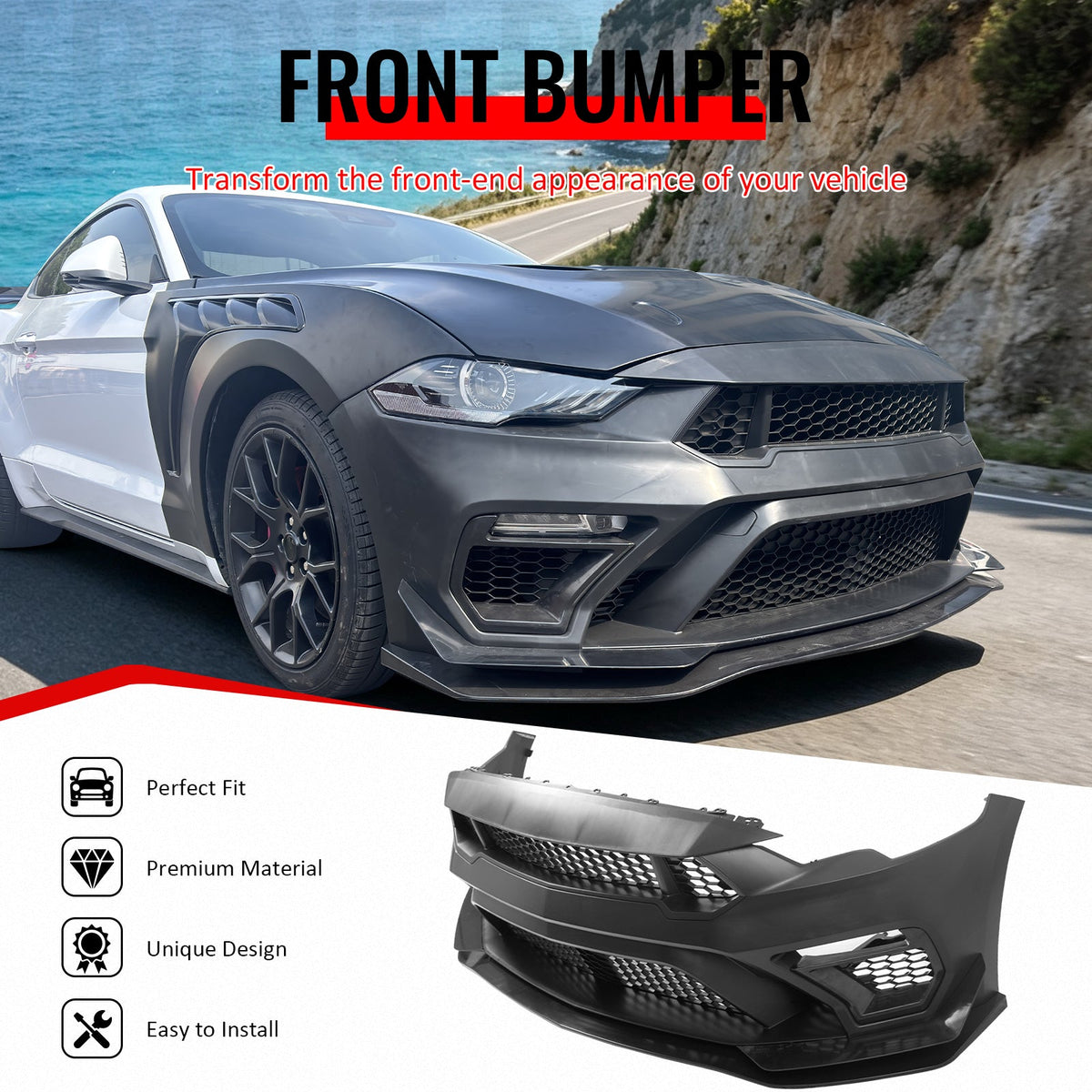 2018-2023 Ford Mustang GTD Style Front Bumper Conversion Kit PP + ABS Grilles + Front Lip