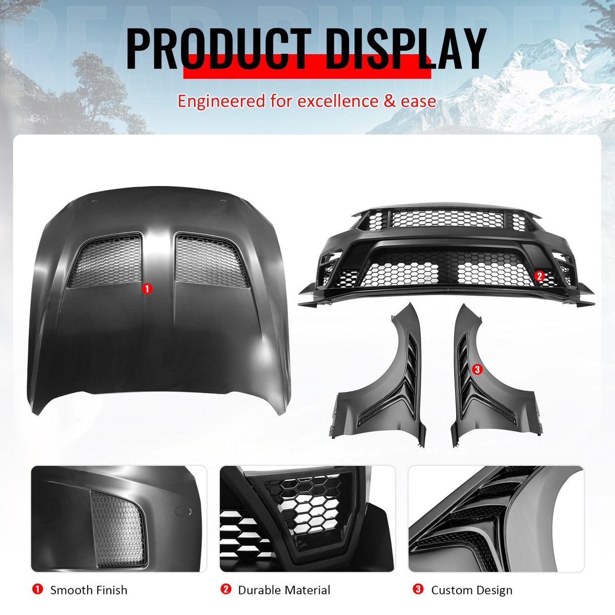 2018-2023 Ford Mustang GTD Style Front Bumper Cover Kit PP + Aluminum Fenders + Hood