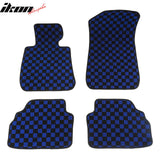 Front Rear Full Set Waterproof Floor Mats for BMW E92 3-Series Coupe 2007-2013 Black Blue Plaid Checkered Carpets PP & Loop Pile Surface & TPE Backing