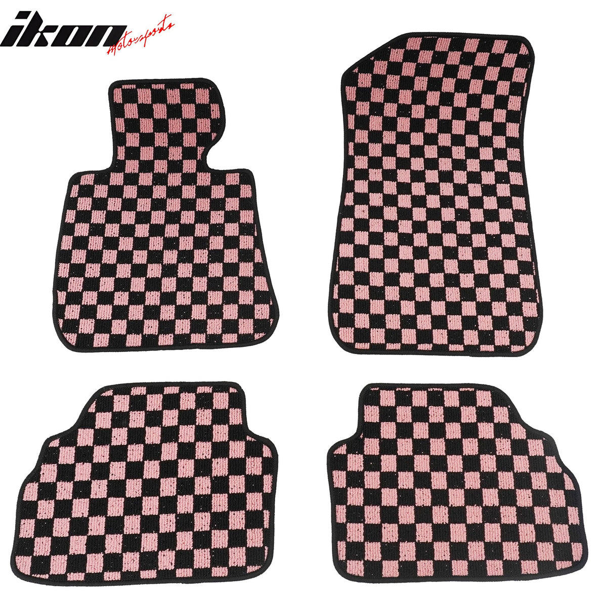 2007-2013 BMW E92 3-Series Coupe Black Pink Plaid Front Rear Full Set Waterproof Floor Mats Checkered Carpets PP & Loop Pile Surface & TPE Backing 4PC