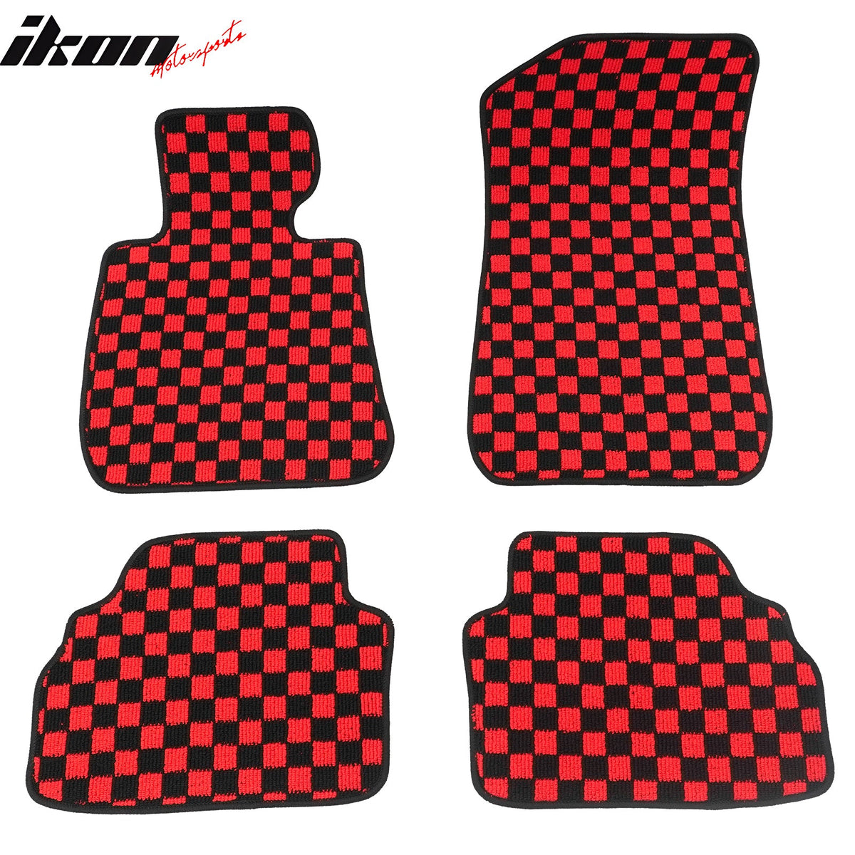Front Rear Full Set Waterproof Floor Mats for BMW E92 3-Series Coupe 2007-2013 Black Red Plaid Checkered Carpets PP & Loop Pile Surface & TPE Backing