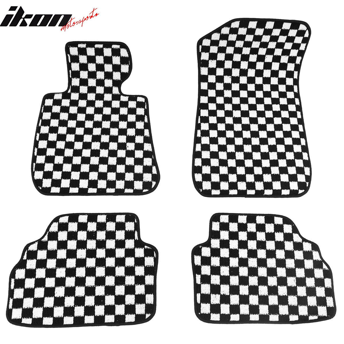 Front Rear Full Set Waterproof Floor Mats for BMW E92 3-Series Coupe 2007-2013 Black White Plaid Checkered Carpet PP & Loop Pile Surface & TPE Backing