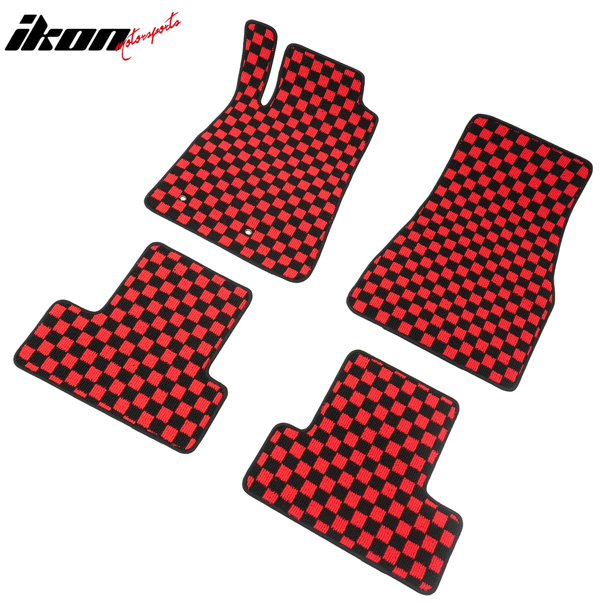 Front Rear Full Set Waterproof Floor Mats for Ford Mustang 2005-2009 Black Red Plaid Checkered Carpets PP & Loop Pile Surface & TPE Backing 4PCS