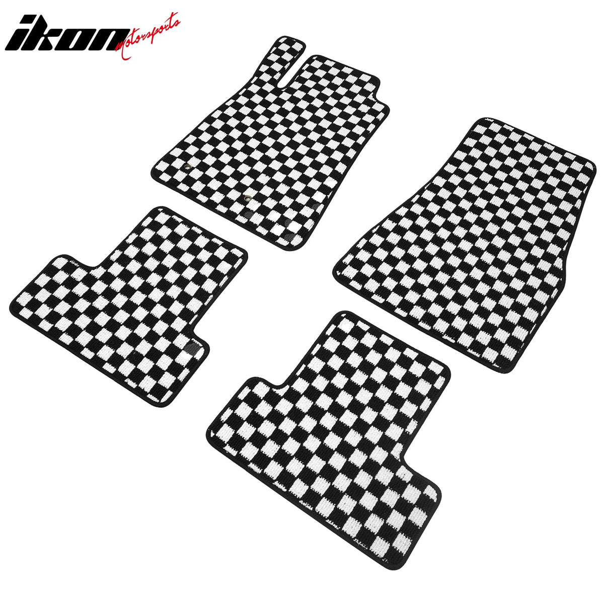 Front Rear Full Set Waterproof Floor Mats for Ford Mustang 2005-2009 Black White Plaid Checkered Carpets PP & Loop Pile Surface & TPE Backing 4PCS