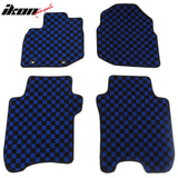 Front Rear Full Set Waterproof Floor Mats for Honda Fit 2009-2013 Black Blue Plaid Checkered Carpets PP & Loop Pile Surface & TPE Backing 4PCS