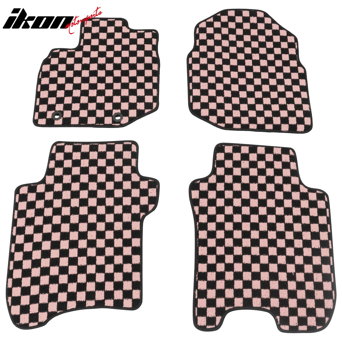 Front Rear Full Set Waterproof Floor Mats for Honda Fit 2009-2013 Black Pink Plaid Checkered Carpets PP & Loop Pile Surface & TPE Backing 4PCS