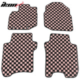 Front Rear Full Set Waterproof Floor Mats for Honda Fit 2009-2013 Black Pink Plaid Checkered Carpets PP & Loop Pile Surface & TPE Backing 4PCS