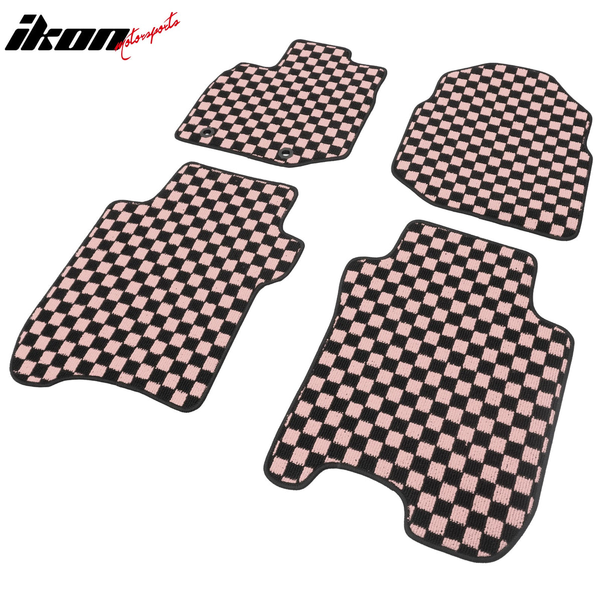 Front Rear Full Set Waterproof Floor Mats for Honda Fit 2009-2013 Black Pink Plaid Checkered Carpets PP & Loop Pile Surface & TPE Backing 4PCS