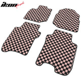Front Rear Full Set Waterproof Floor Mats for Honda Fit 2009-2013 Black Pink Plaid Checkered Carpets PP & Loop Pile Surface & TPE Backing 4PCS